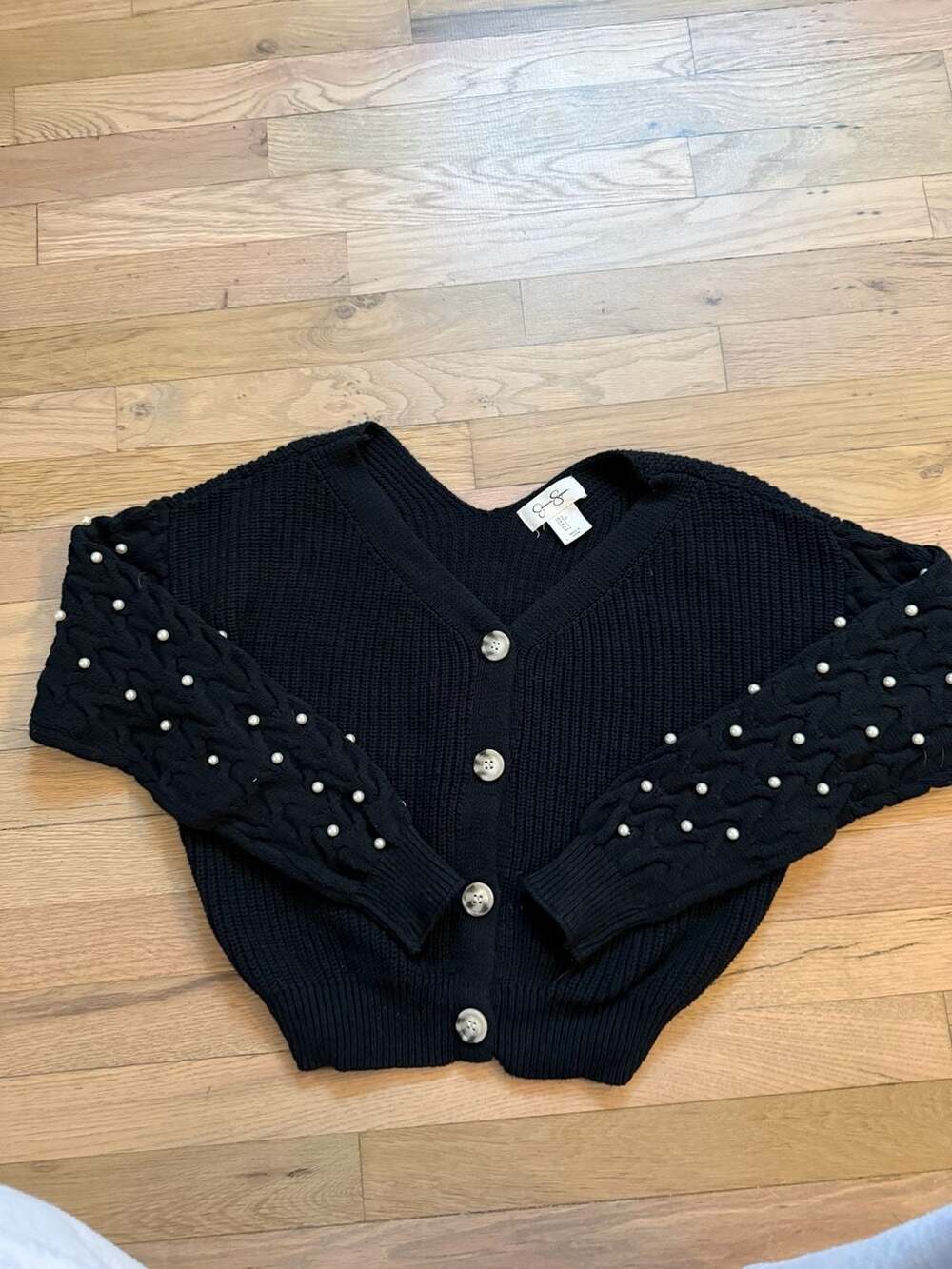 Jessica Simpson Pearl Beaded Cardigan Size S Black Cable Knit V-Neck